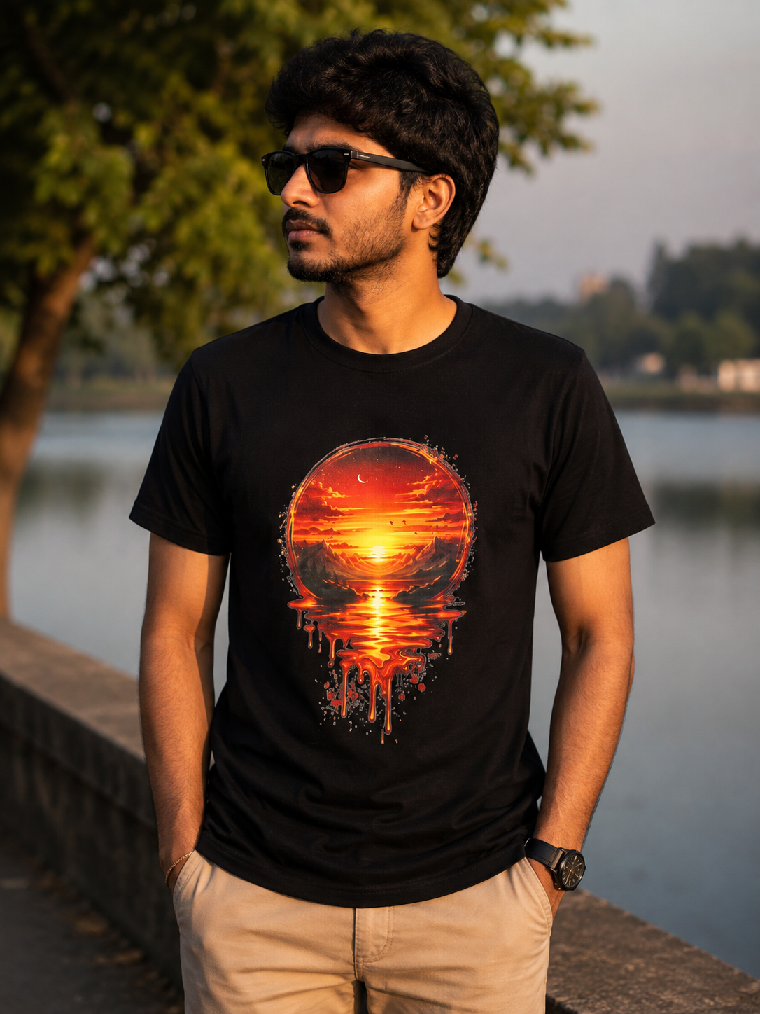Premium Sunset Landscape Graphic Printed Unisex T-Shirt | 180 GSM 100% Pure Cotton | Black - Graphic T-Shirt by Ong Bong Chong